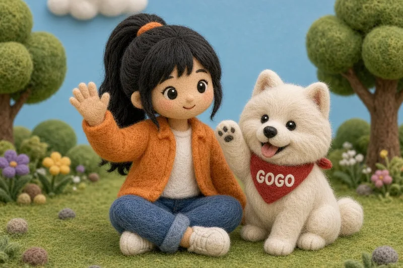 Hello. Wool felt picture of Ms. Manda and GoGo.