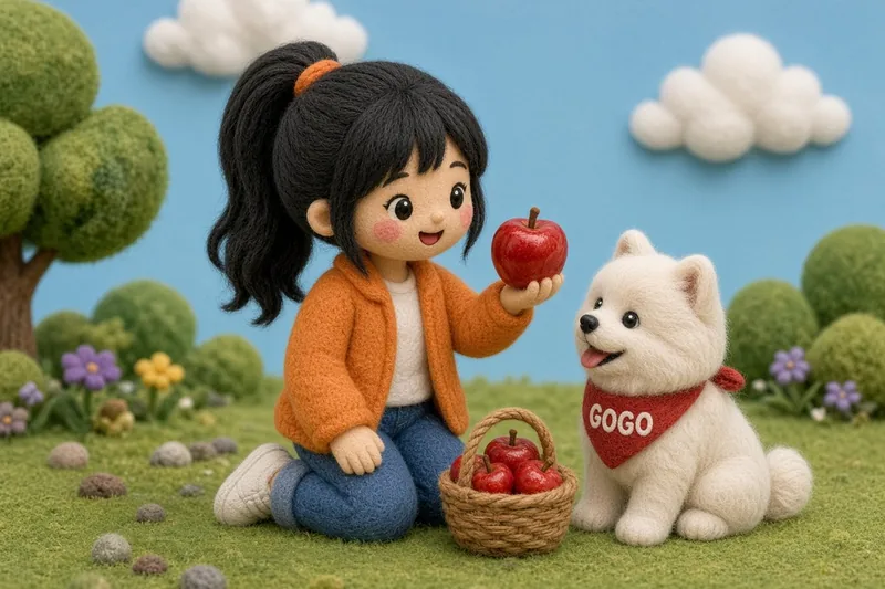 Apple. Wool felt picture of Ms. Manda and GoGo.