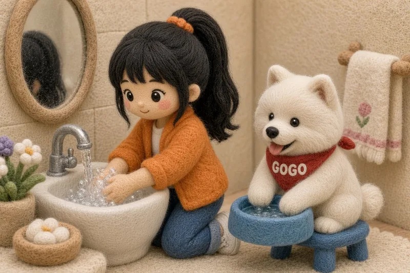 Wash hands. Wool felt picture of Ms. Manda and GoGo.